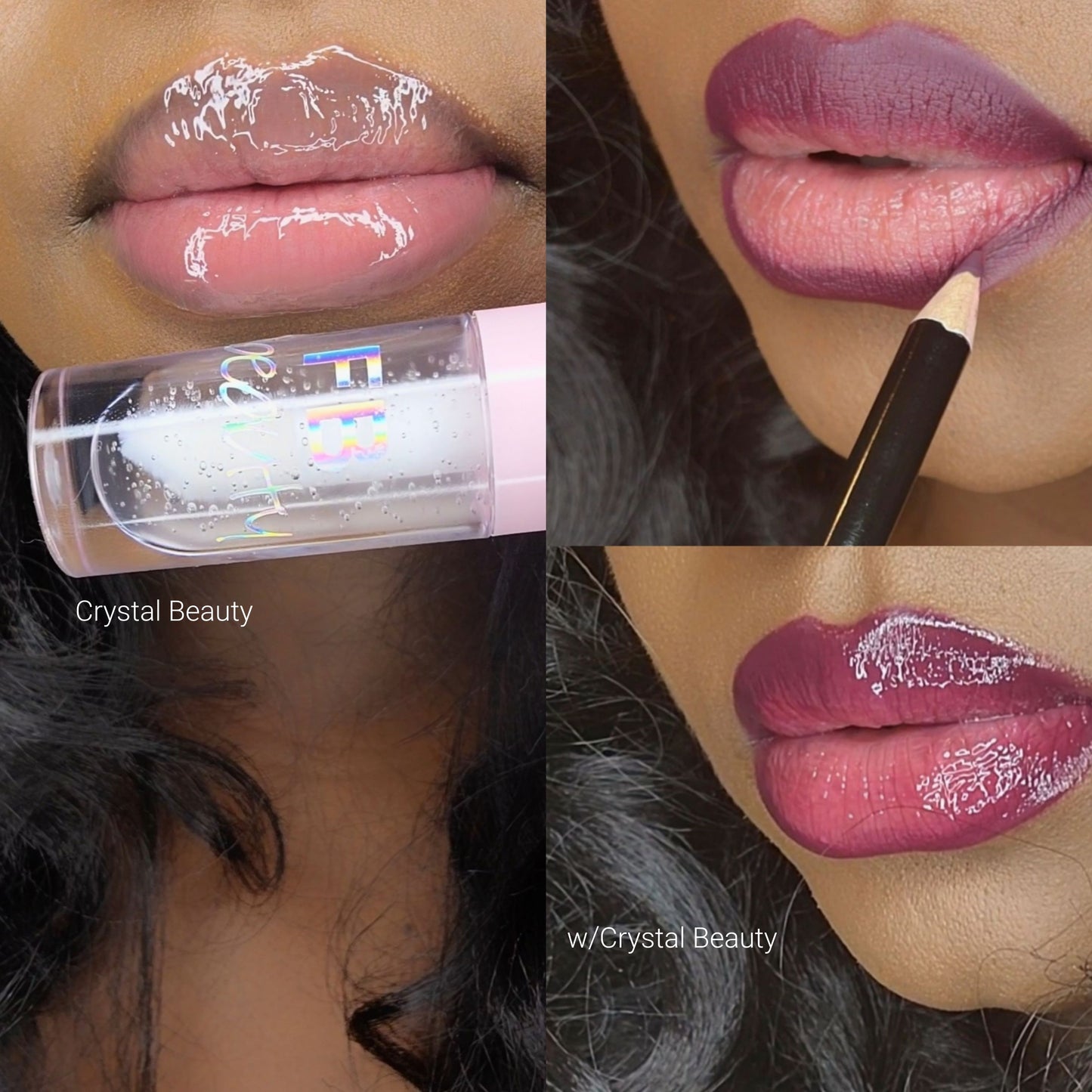 Lip Gloss Lip Liner #6 Bundle - Crystal Beauty Glossy Clear Lip gloss & Matte Purple Lip Liner (cruelty free)