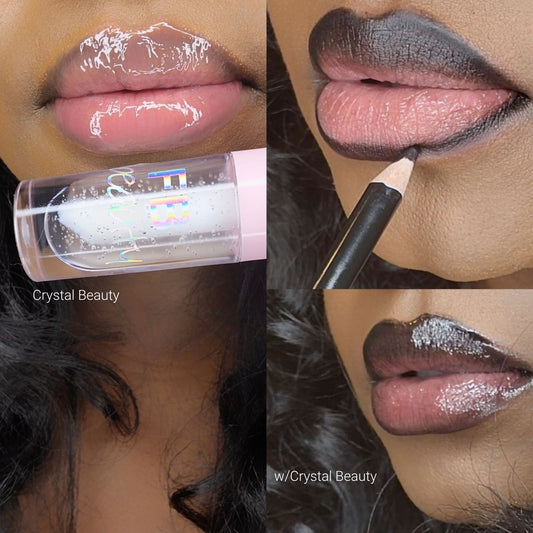 Lip Gloss Lip Liner #12 Bundle - Crystal Beauty Glossy Clear Lip gloss & Matte Black Lip Liner (cruelty free)