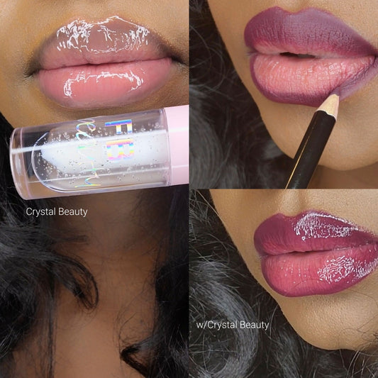 Lip Gloss Lip Liner #6 Bundle - Crystal Beauty Glossy Clear Lip gloss & Matte Purple Lip Liner (cruelty free)