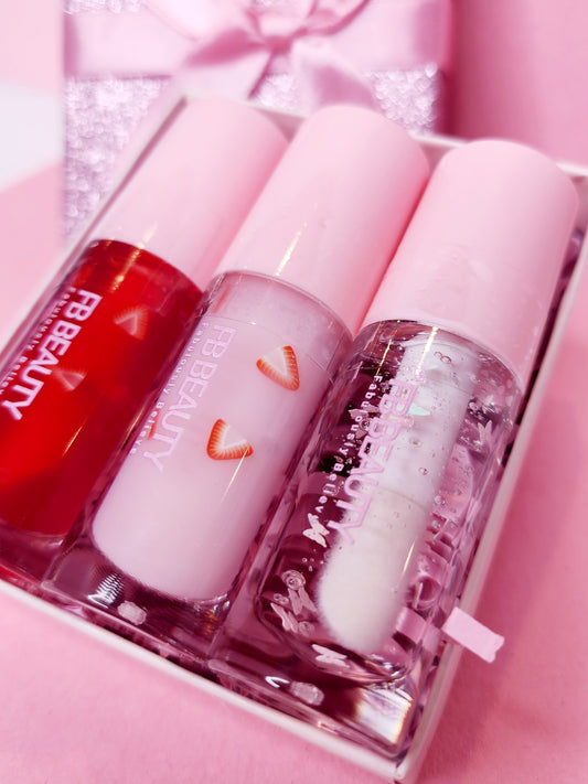 3 Lip Gloss Bundle - Clear Glossy Hydrated Not Sticky Gloss Strawberry Kiss, Strawberry Shortcake & Pink Butterfly
